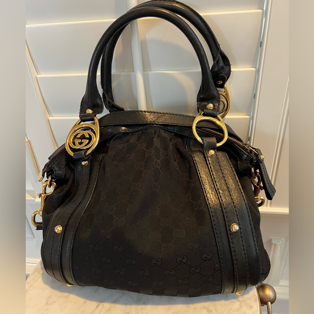 Gucci Handbag 2way Interlocking G Black Canvas Gold Metal